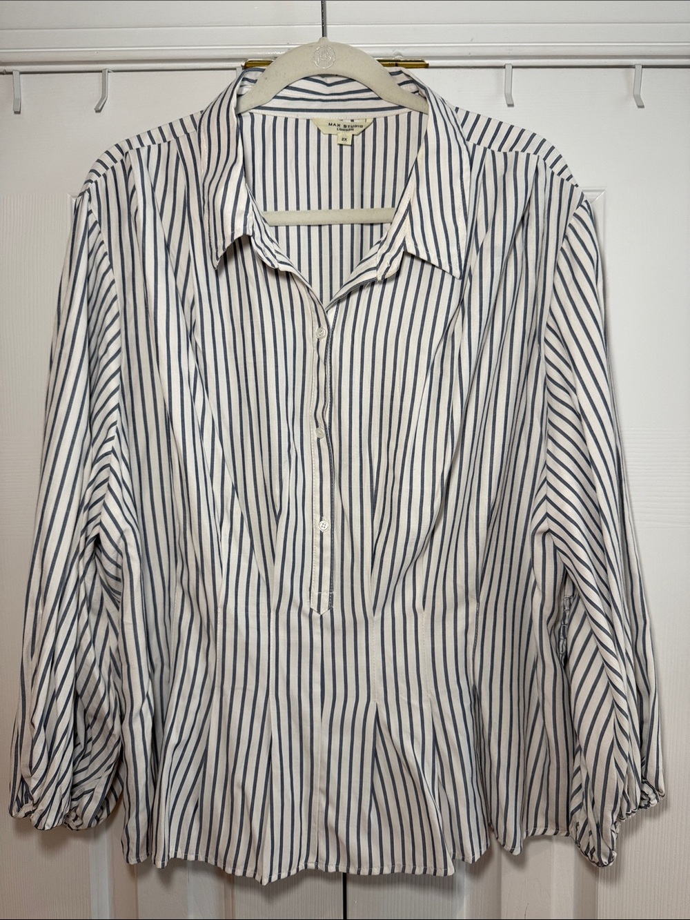 Max Studio White and Navy Vertical Stripe Button-Down Shirt